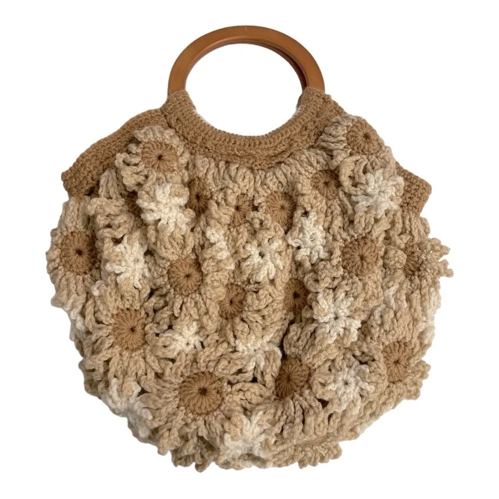 Vintage Handmade Floral Crochet Granny Style Bag, tan /cream wooden handles